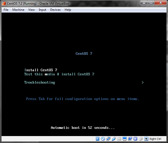 A CentOS virtual machine showing the grub boot menu during
installation.