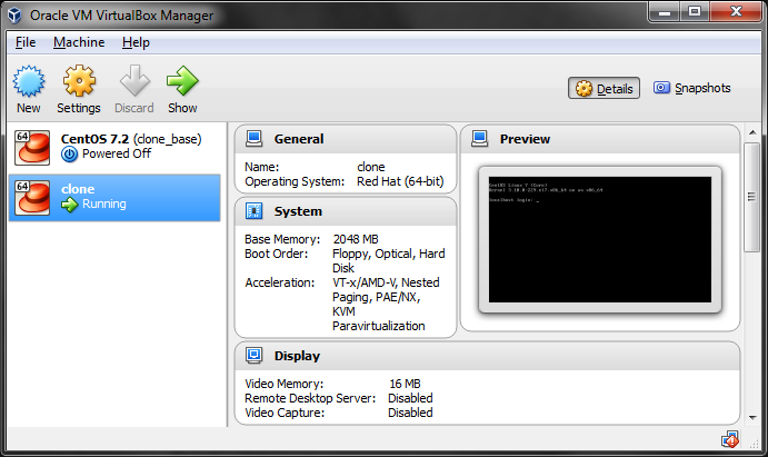 VirtualBox showing the created linked
clone.
