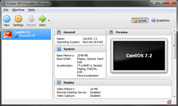 VirtualBox showing a single VM before a clone is
created.