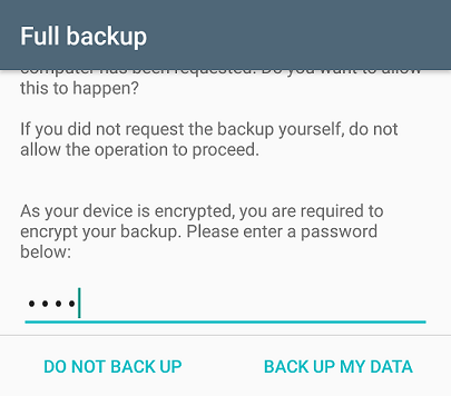 Screenshot showing the Android backup confirmation
dialog