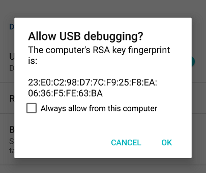 Screenshot showing the Android adb USB confirmation
dialog