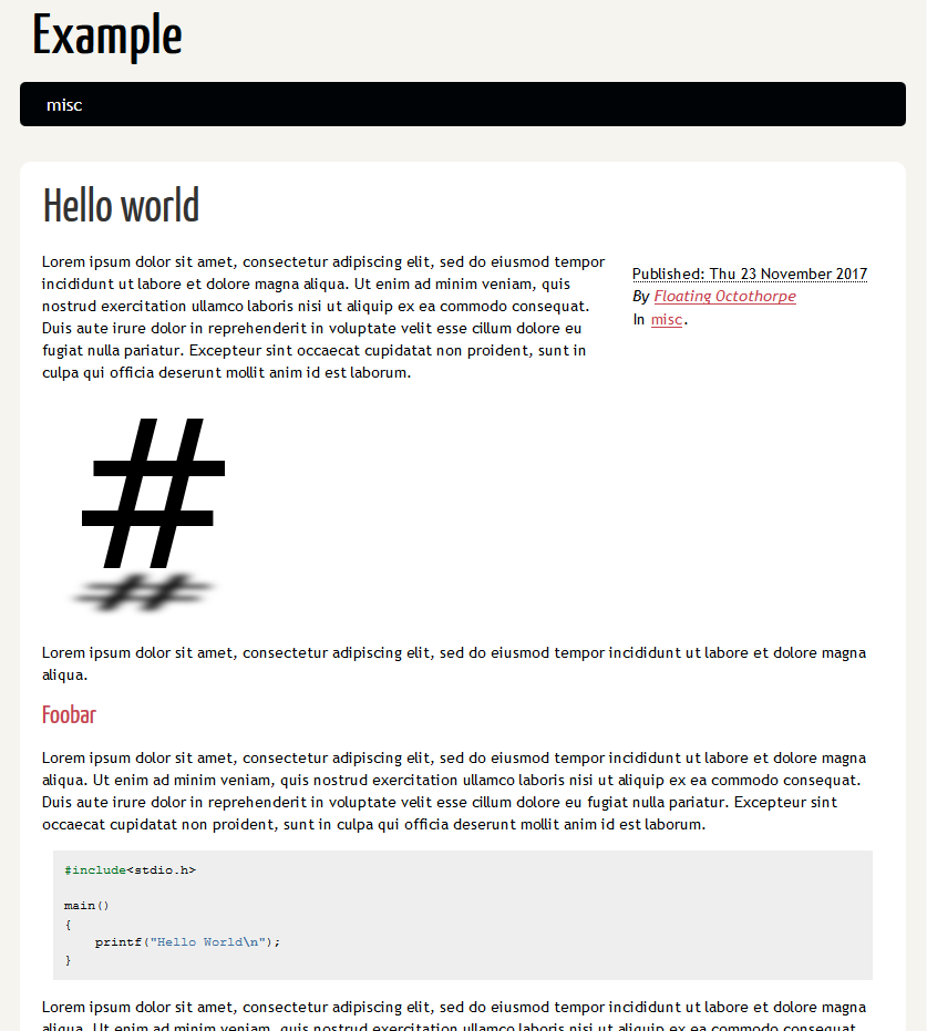 Screenshot of an example website generated by
Pelican