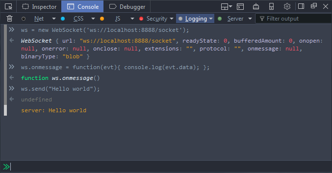 A screenshot showing the Firefox Web Console being used to connect to a
Websocket.