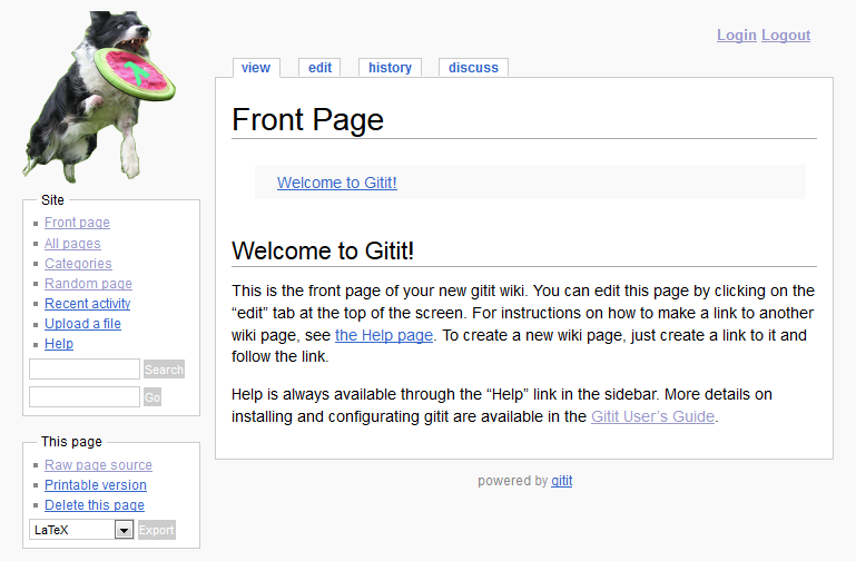 Screenshot of a default Gitit homepage