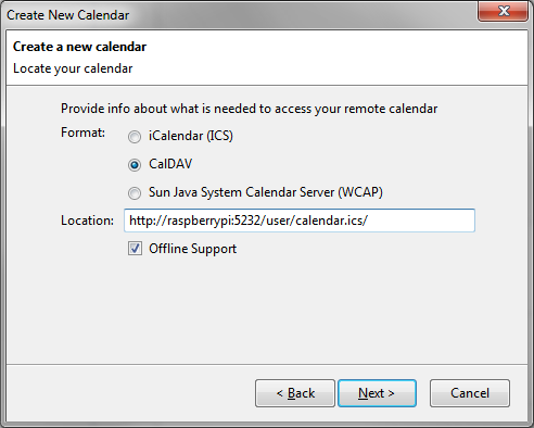 Screenshot showing a new CalDAV calendar being configured to use
http://raspberrypi:5232/user/calendar.ics/"