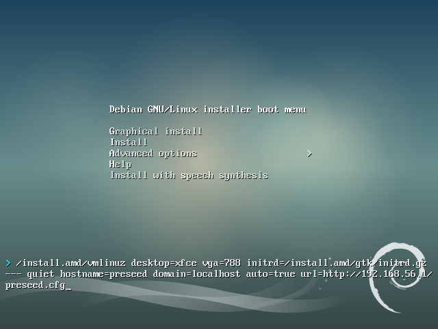 A Debian VM showing the grub boot menu during
installation.