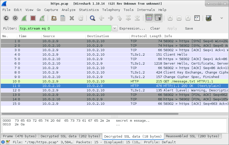 HTTPS packet capture opened in Wireshark with the data
decrypted.