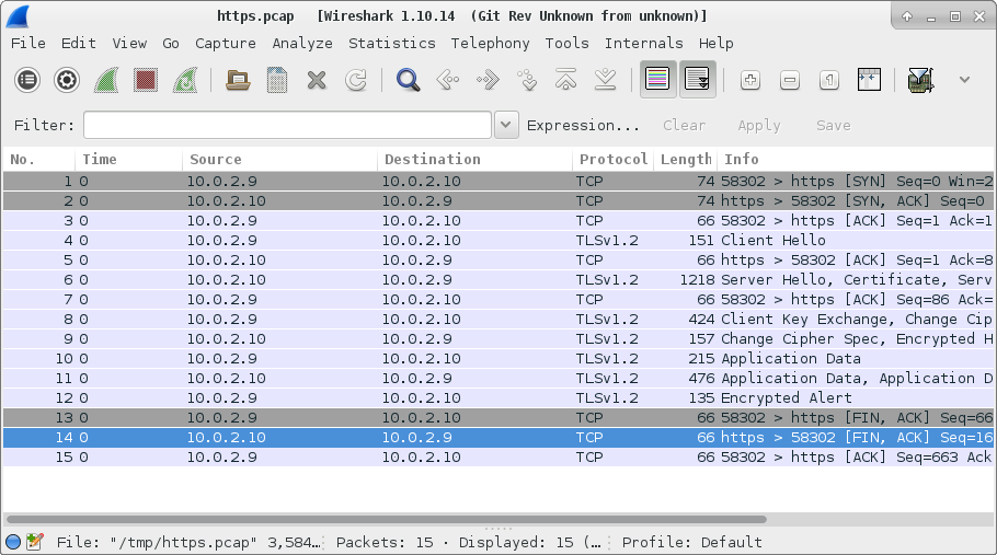 HTTPS packet capture opened in Wireshark with the data
encrypted.